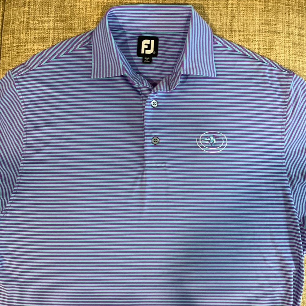 Footjoy striped short-sleeved golf polo. Mens size Medium. Purple and turquoise